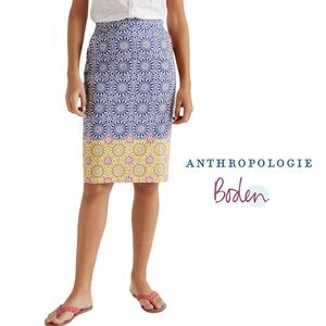 Anthropologie Boden Gabriella Skirt Bold Print Satin lined Blue Sun Tile Print